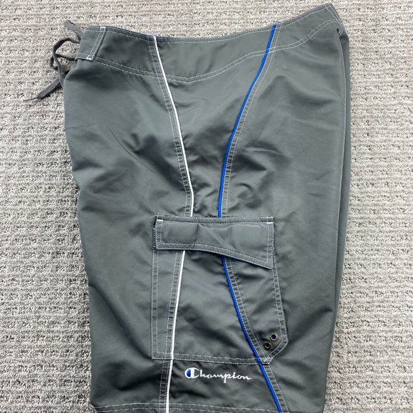 Champion Swim Trunks Men Medium M Gray Blue Bathing Suit Board Shorts Embroider - Picture 3 of 12